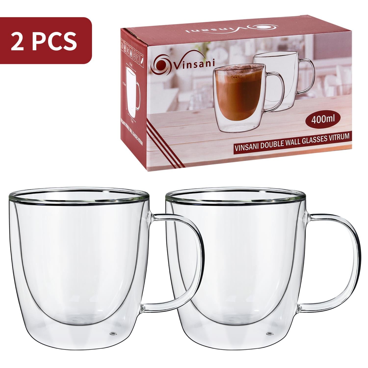 Set of two Vinsani double-walled 400ml glasses with clear glass design, ideal for hot or cold beverages.