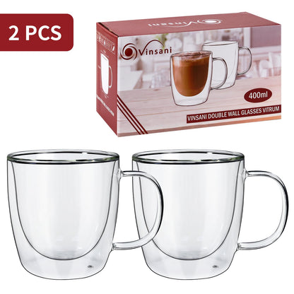 Set of two Vinsani double-walled 400ml glasses with clear glass design, ideal for hot or cold beverages.