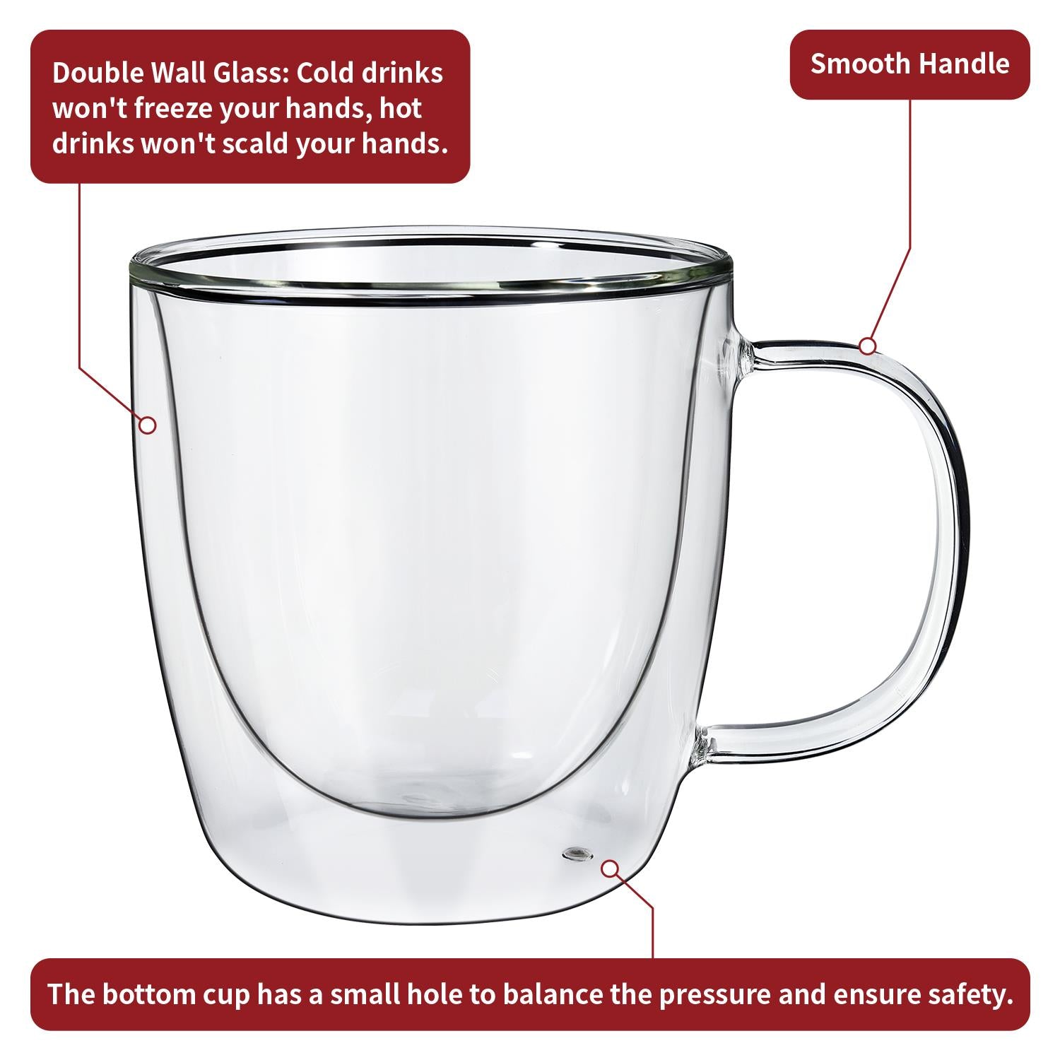 Set of two Vinsani double-walled glasses with 400ml capacity, showcasing sleek design and clear glass construction.