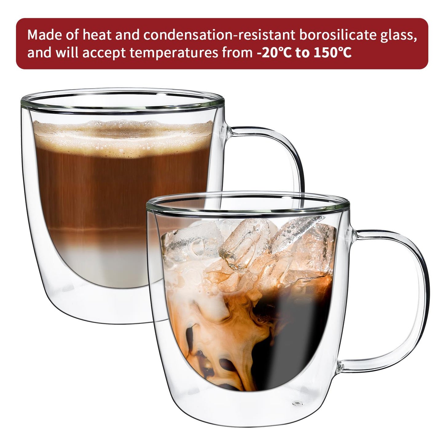 Set of two Vinsani double-walled 400ml glass glasses with clear, sleek design for hot and cold beverages.