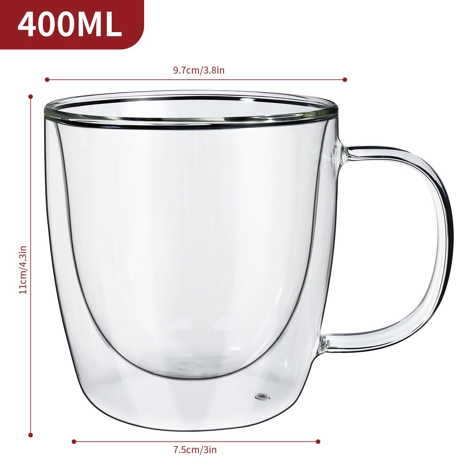 Set of two Vinsani double-walled glasses with 400ml capacity, showcasing clear glass design and insulated double-wall construction.