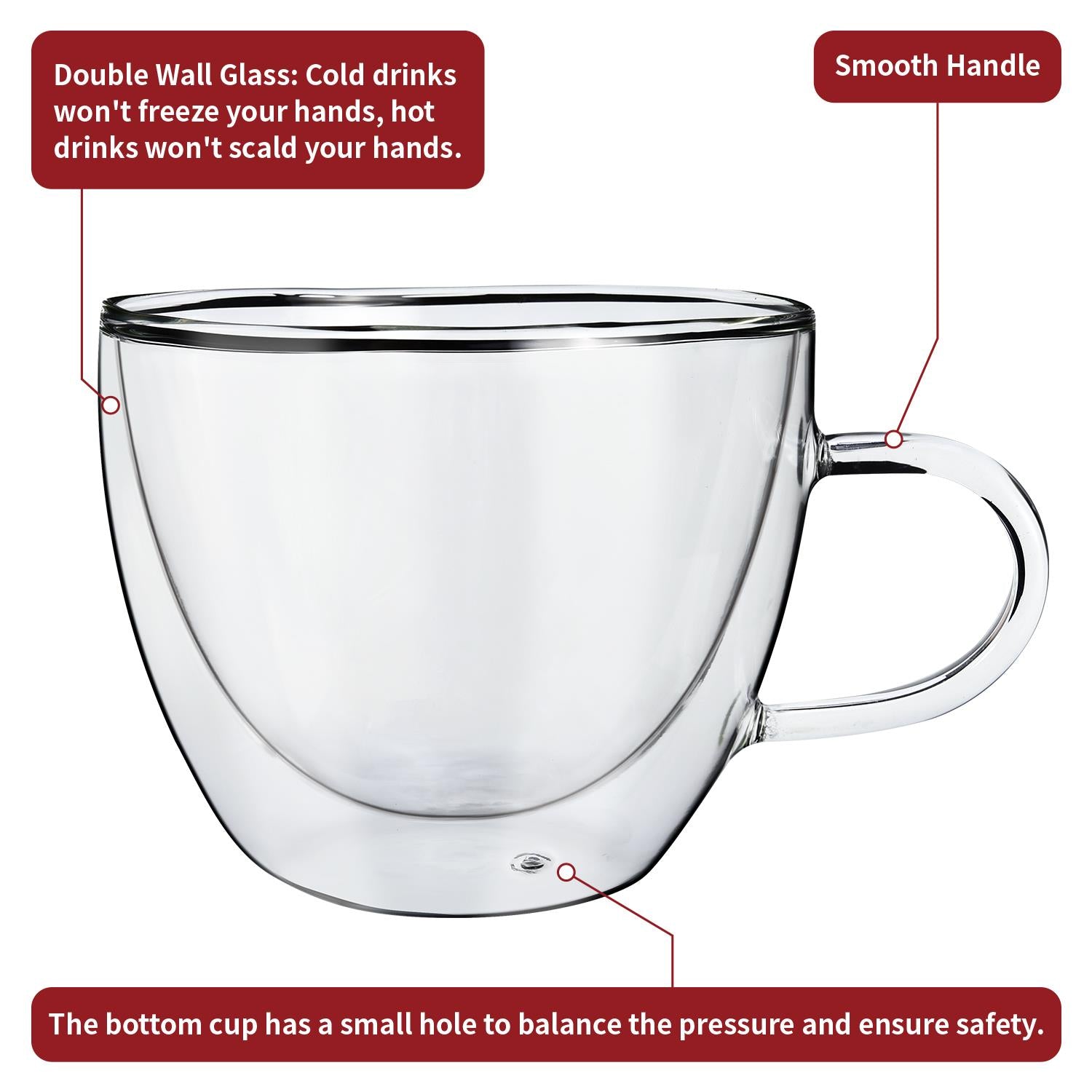 Set of two Vinsani double wall glasses with 290ml capacity, clear insulated glass cups for hot or cold beverages.