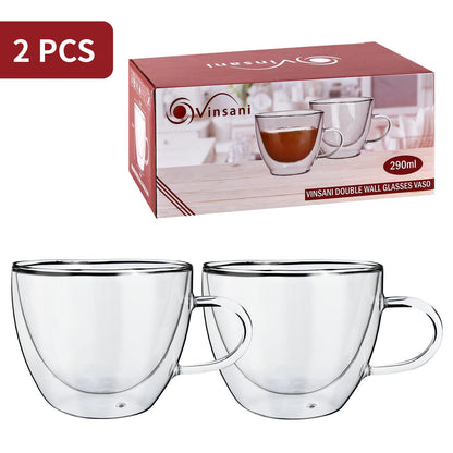 Set of two Vinsani double wall glasses, 290ml capacity, showing clear glass design with double insulation for hot or cold drinks.