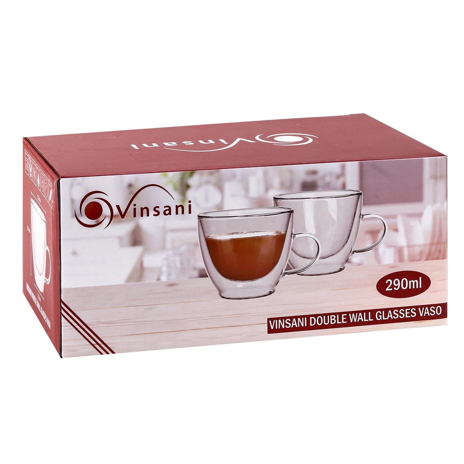 Set of two Vinsani double wall glasses, 290ml capacity, showcasing clear glass with sleek double wall insulation design.