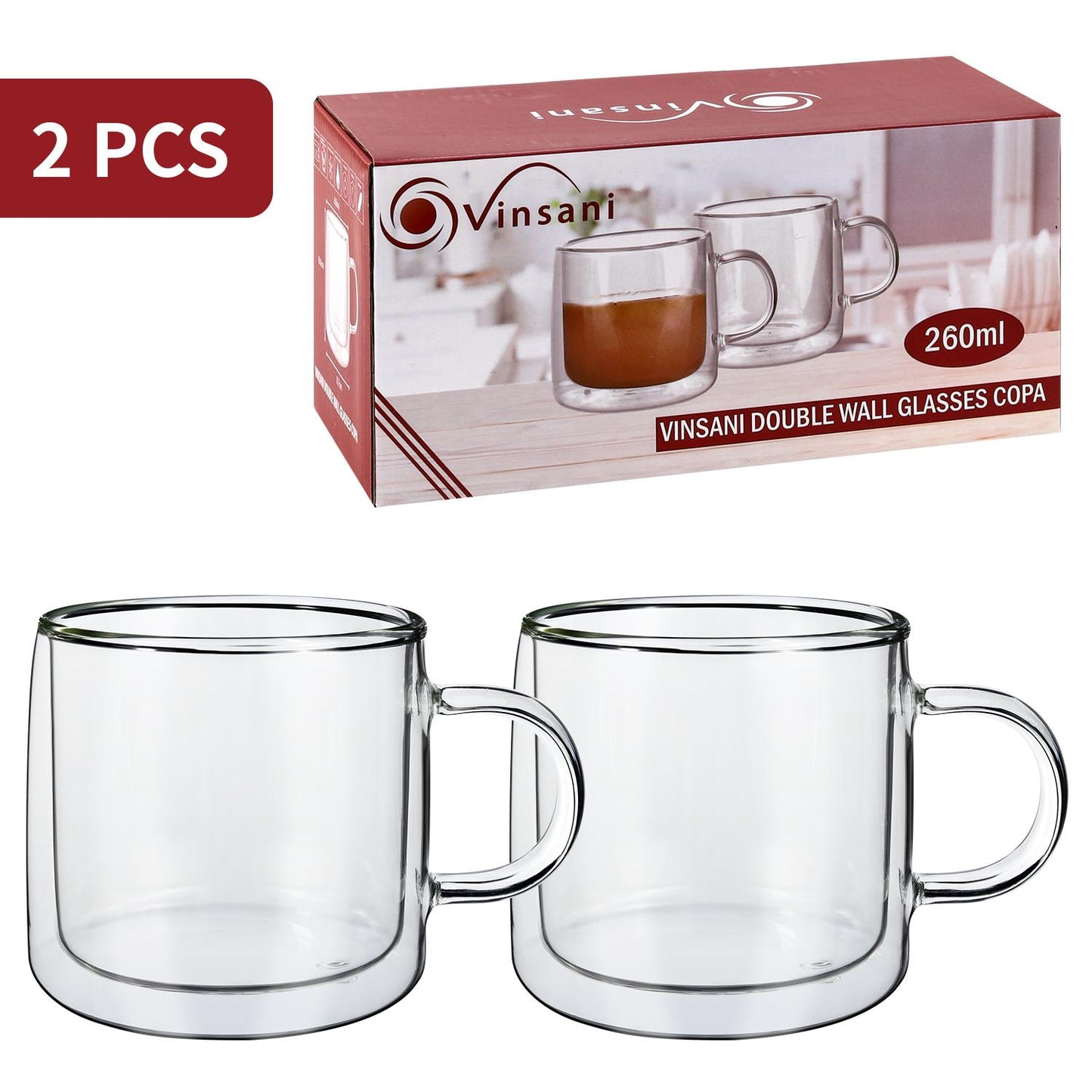 Set of two Vinsani double-walled Copa glasses, 260ml, showcasing sleek design and clear glass construction.