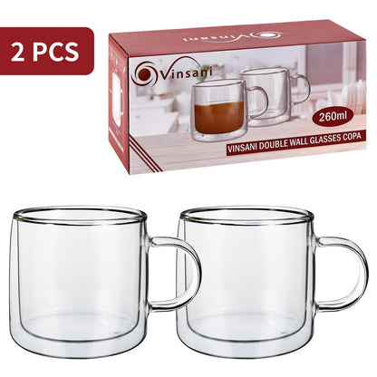 Set of two Vinsani double-walled Copa glasses, 260ml, showcasing sleek design and clear glass construction.