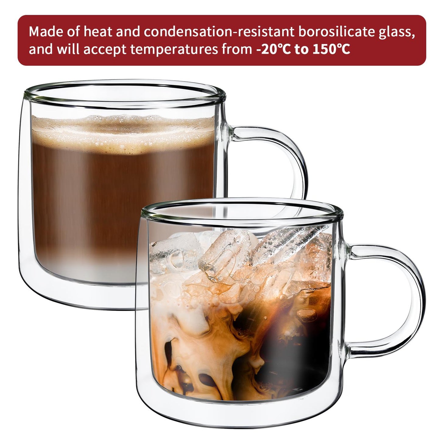 Set of two Vinsani double-walled Copa glasses, 260ml, showcasing clear glass with sleek design and double-wall insulation.
