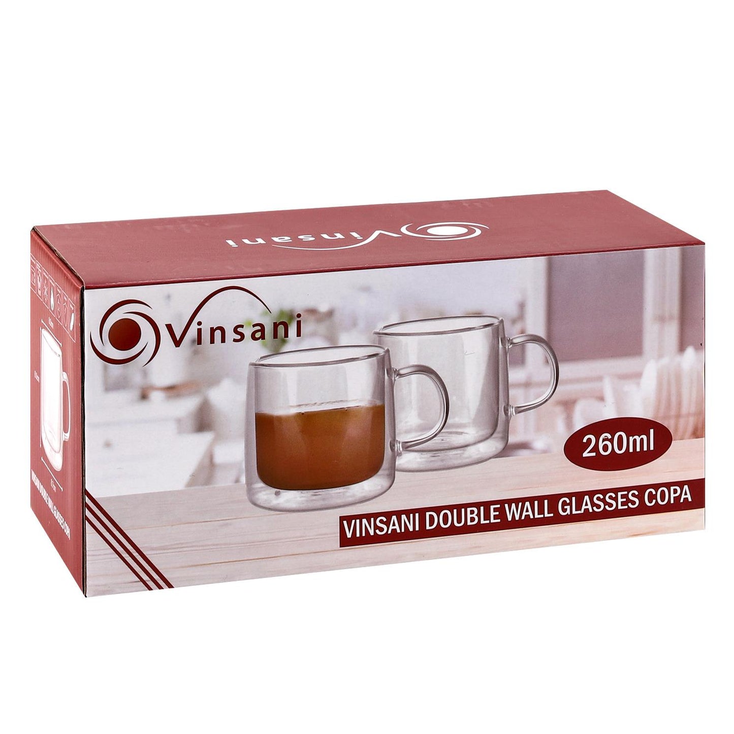 Set of two Vinsani double-walled 260ml Copa glasses showing clear, insulated design with elegant shape and smooth rims.
