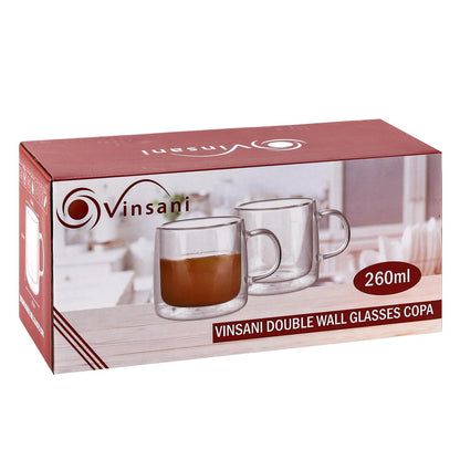 Set of two Vinsani double-walled 260ml Copa glasses showing clear, insulated design with elegant shape and smooth rims.