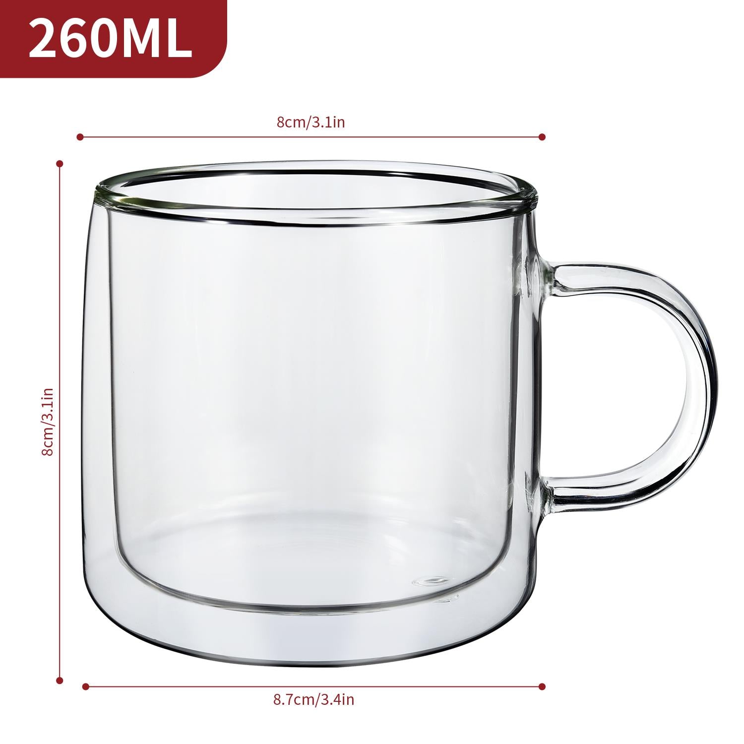 Set of two Vinsani double-walled Copa glasses, 260ml capacity, showcasing sleek design and transparent glass material.