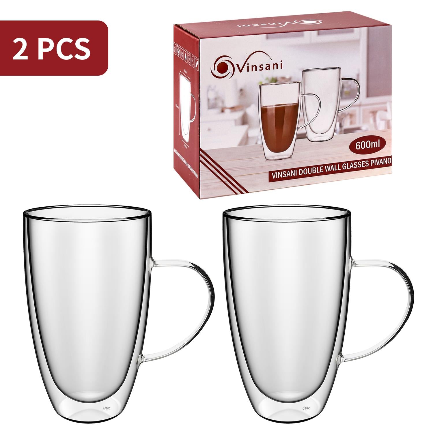 Set of two Vinsani double wall glasses, 600ml each, showcasing clear glass with insulated double wall design for hot or cold drinks.