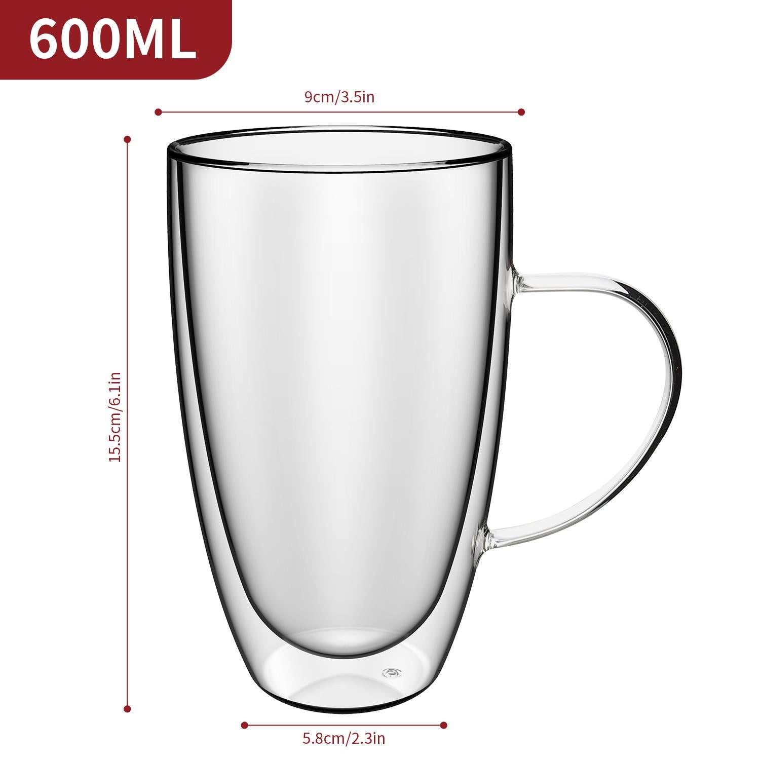 Set of two Vinsani double wall glasses with 600ml capacity, clear glass design, perfect for hot and cold beverages.