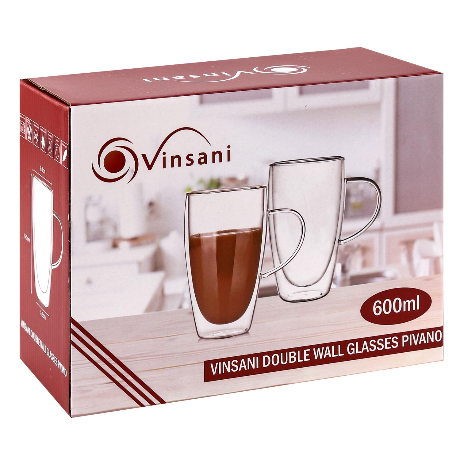 Set of two Vinsani double wall 600ml glasses showing clear glass with a sleek design and double-wall insulation.