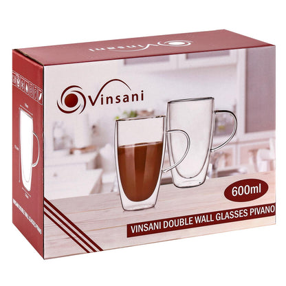 Set of two Vinsani double wall 600ml glasses showing clear glass with a sleek design and double-wall insulation.