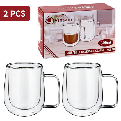 Set of two Vinsani double-walled 305ml glass coffee cups with handles, showcasing their sleek design and clear insulation.