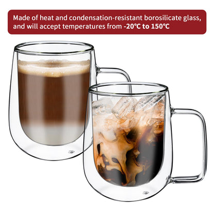 Set of two Vinsani double-walled 305ml glass cups with clear insulation for hot and cold drinks, shown with reflections.