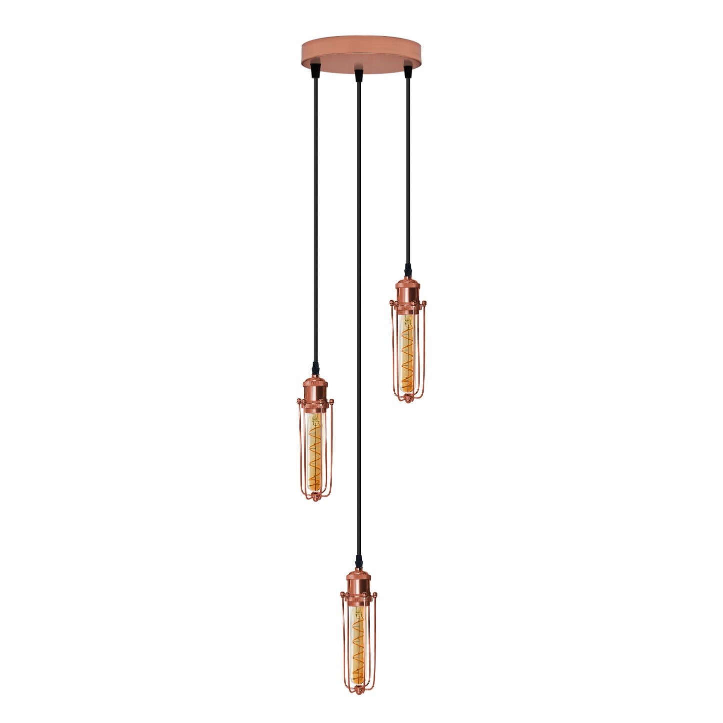 Round rose gold ceiling pendant light with three heads, wire cage design, and E27 bulbs from LEDSONE.