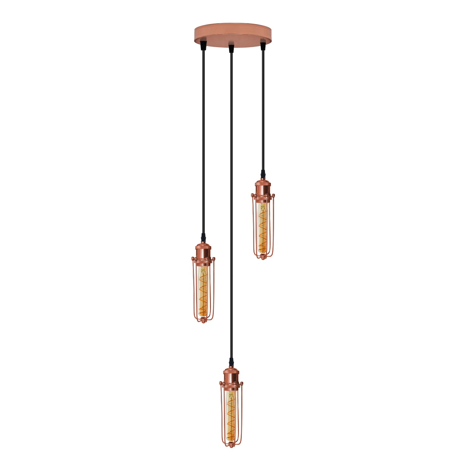 Round rose gold ceiling pendant light with three heads, wire cage design, and E27 bulbs from LEDSONE.