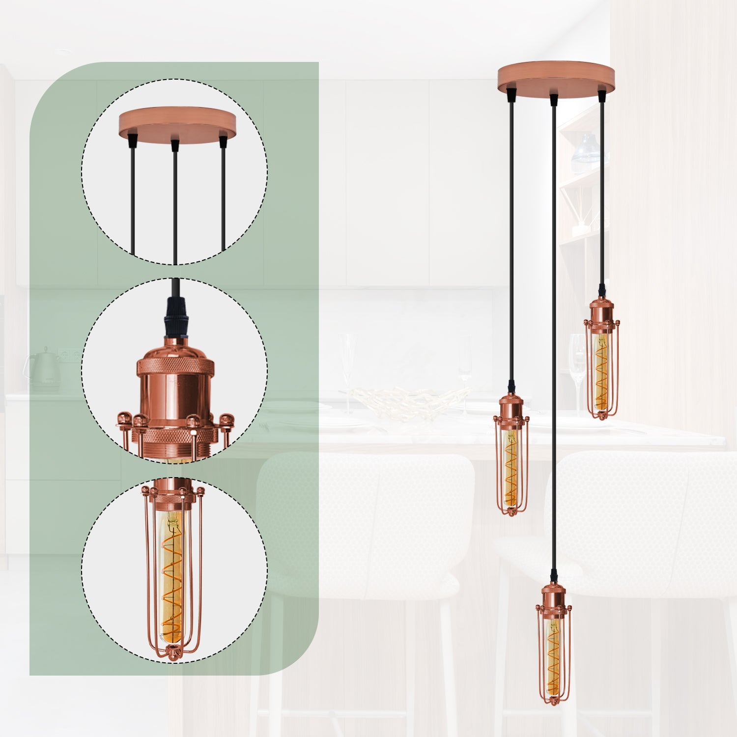 Rose gold LEDSONE pendant light with round base, three heads, E27 bulbs, and wire cage design hanging from ceiling.