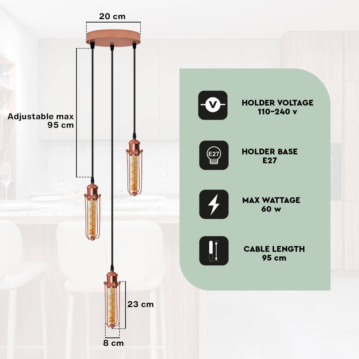 Round rose gold ceiling pendant light with three heads, wire cage design, E27 socket by LEDSONE.