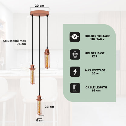 Round rose gold ceiling pendant light with three heads, wire cage design, E27 socket by LEDSONE.