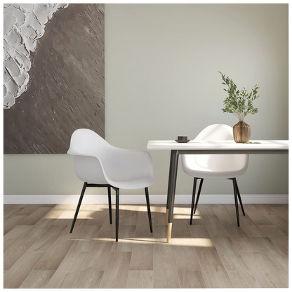 Pair of white vidaXL dining chairs with polypropylene seats and sleek modern design.
