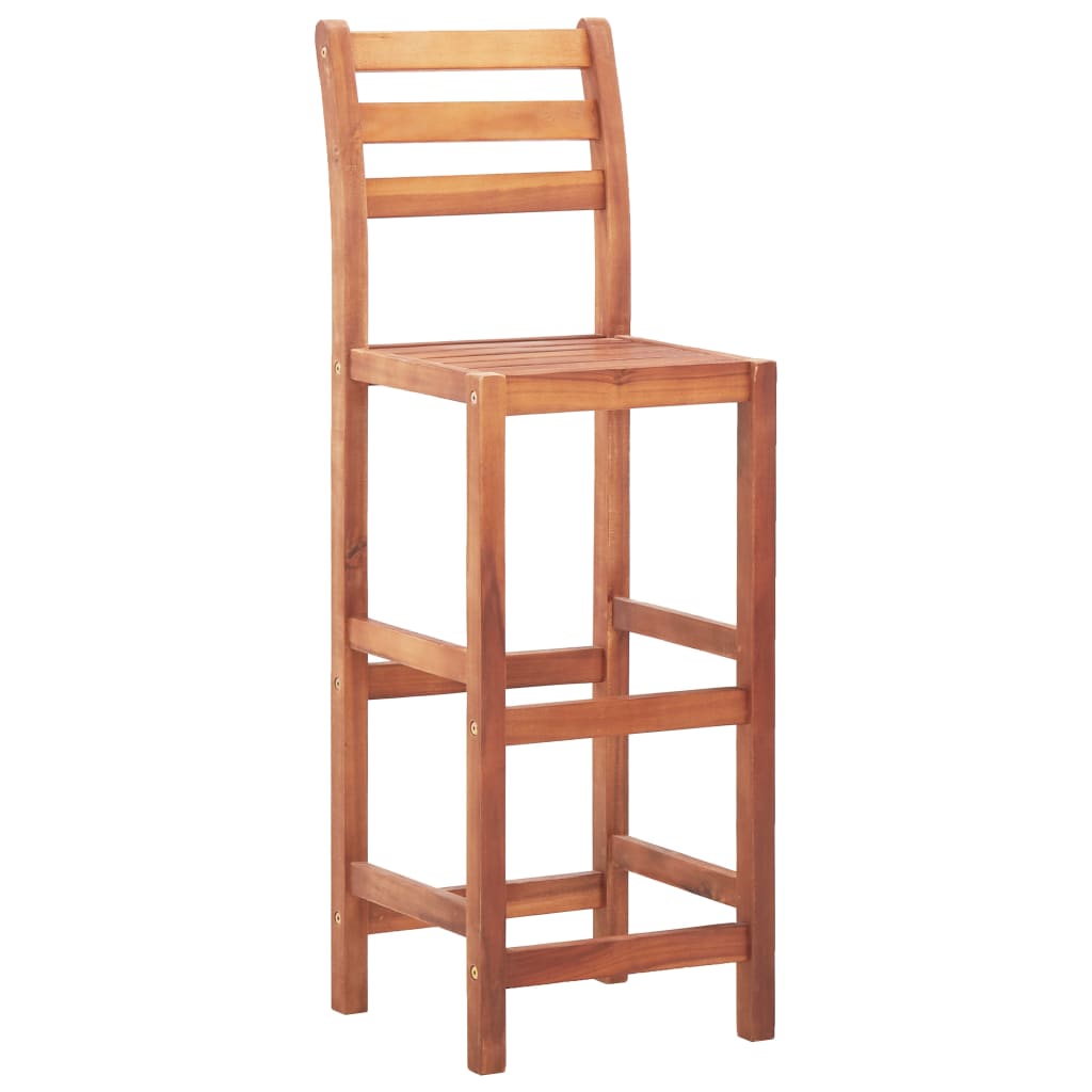 Two solid acacia wood bar chairs with backrests, crafted by vidaXL, featuring a natural wood finish and sturdy design.