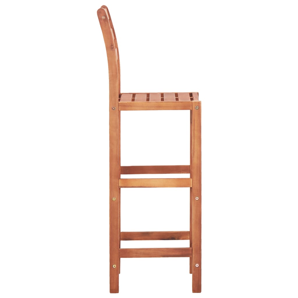 Two solid acacia wood bar chairs with metal legs from vidaXL, featuring a rustic design and cushioned seats for comfort.