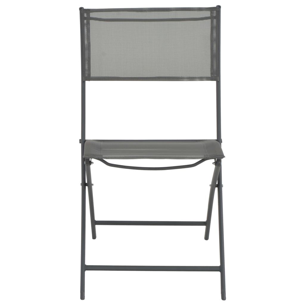 Two vidaXL folding outdoor chairs with steel frames and Textilene seats, shown in a relaxed outdoor setting.