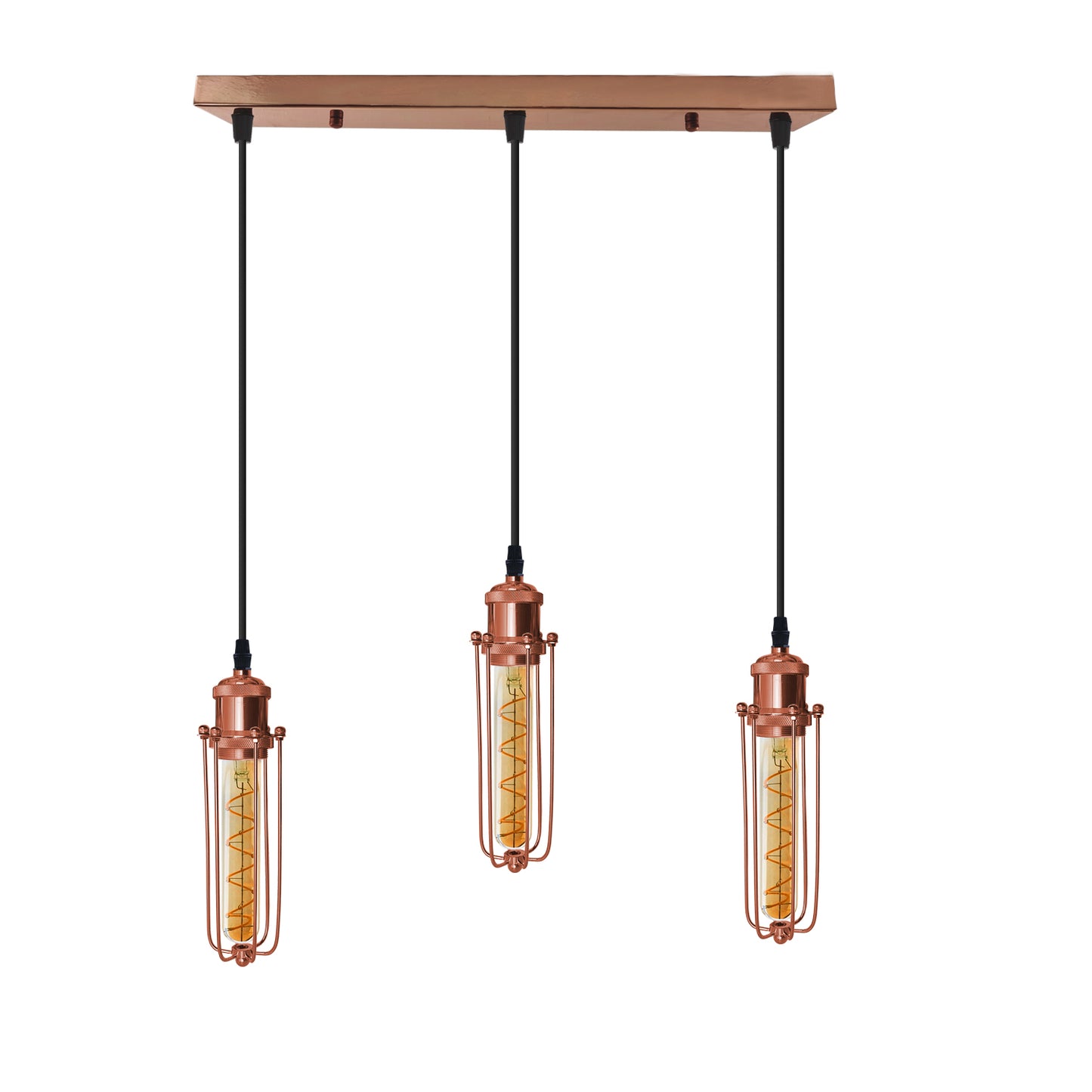 LEDSONE 3-head rectangle rose gold industrial pendant light with wire cage and E27 bulbs, vintage hanging ceiling fixture.