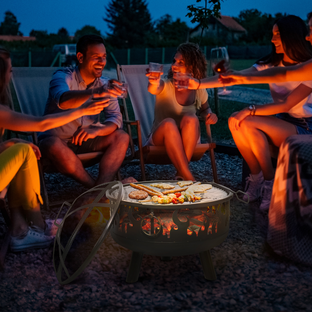 Outsunny 61.5cm 2-in-1 outdoor fire pit and firewood BBQ garden cooker heater with metal design and cooking grate.