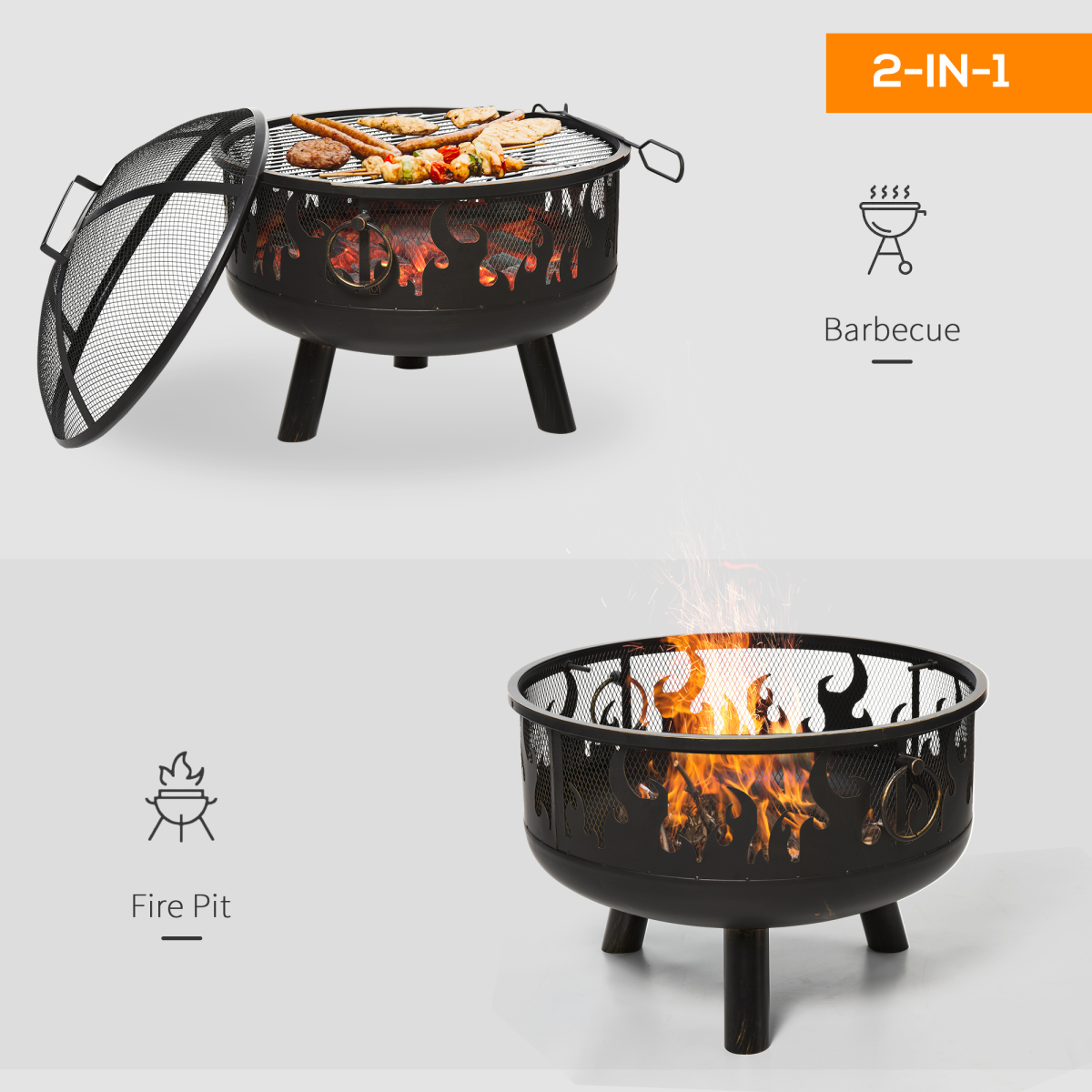 Outdoor Outsunny 61.5cm 2-in-1 fire pit and BBQ garden cooker with firewood storage and heater function, suitable for outdoor gatherings.