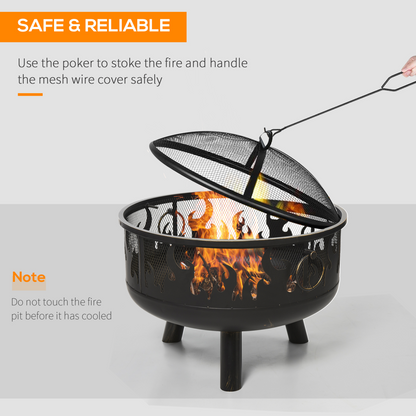 Outsunny 61.5cm outdoor fire pit and BBQ garden cooker with firewood storage and heater function, ideal for outdoor gatherings.