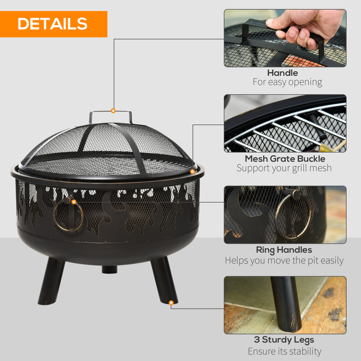 Outsunny 61.5cm 2-in-1 outdoor fire pit and BBQ garden cooker with firewood storage and heater features.