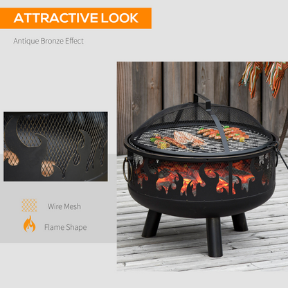 Outsunny 61.5cm outdoor fire pit and BBQ garden cooker with firewood storage, stainless steel construction and rotary grill.
