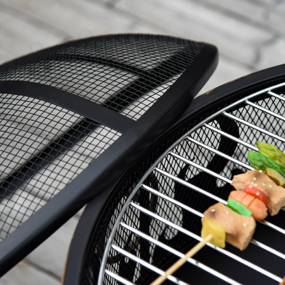Outsunny 61.5cm 2-in-1 outdoor fire pit and BBQ garden cooker with firewood storage and heater function.
