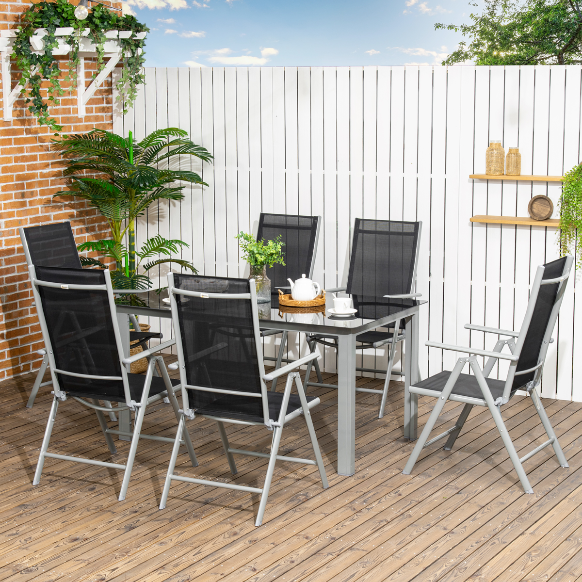 Outsunny 7-piece garden dining set with grey aluminium table and 6 reclining chairs, ideal for outdoor dining and entertaining.
