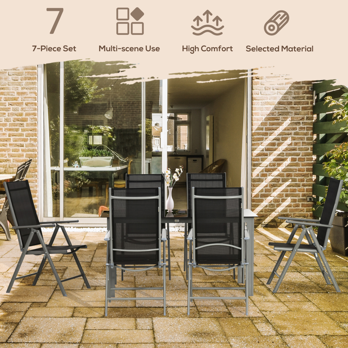 Outsunny 7-piece garden dining set with grey aluminium table and six reclining chairs, ideal for outdoor meals and gatherings.