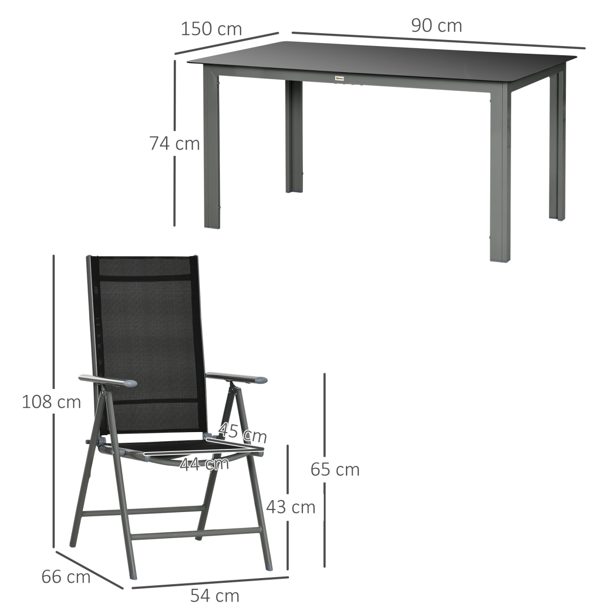 Outsunny 7-piece garden dining set with grey aluminium table and six reclining chairs, ideal for outdoor dining and relaxation.