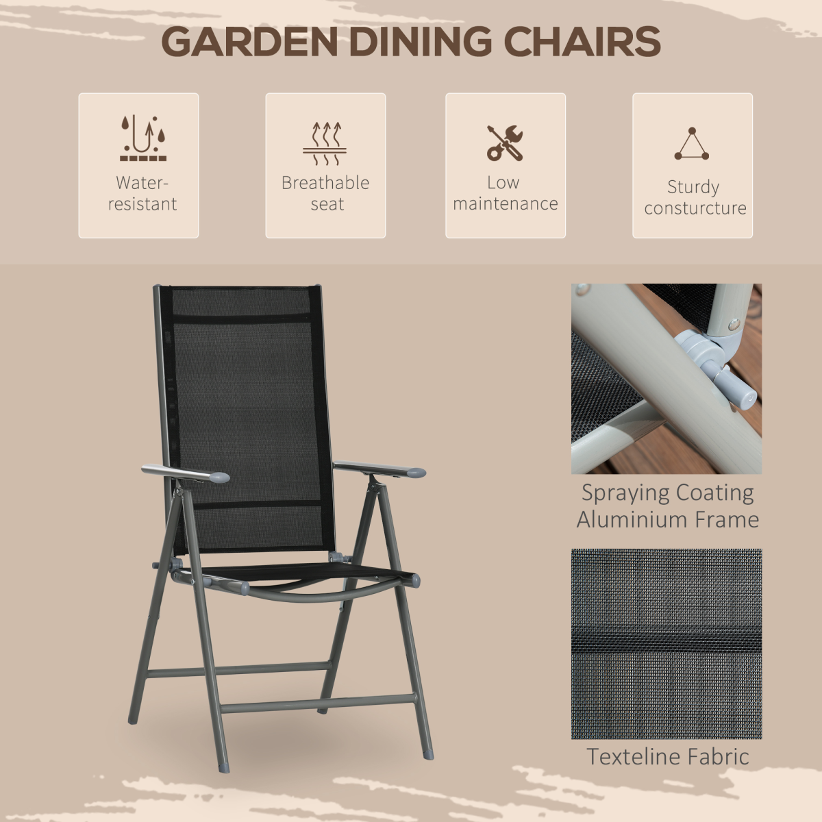 Outsunny 7-piece garden dining set with grey aluminium table and six reclining chairs for outdoor relaxation.