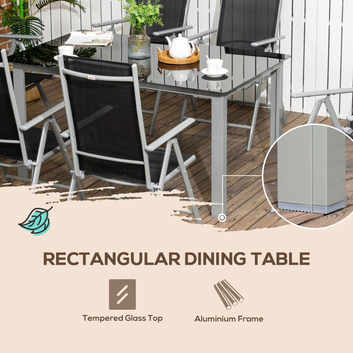 Outsunny 7-piece garden dining set with grey aluminium table and six reclining chairs, perfect for outdoor meals.
