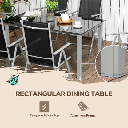 Outsunny 7-piece garden dining set with grey aluminium table and six reclining chairs, perfect for outdoor meals.