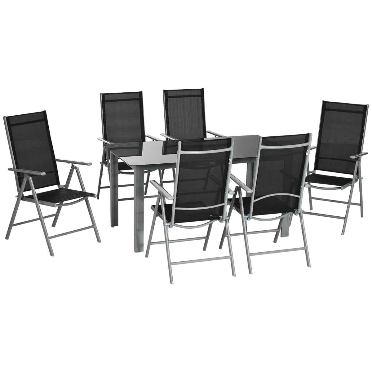 Outsunny 7-piece garden dining set with grey aluminium table and six reclining chairs, perfect for outdoor meals.