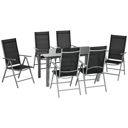 Outsunny 7-piece garden dining set with grey aluminium table and six reclining chairs, perfect for outdoor meals.