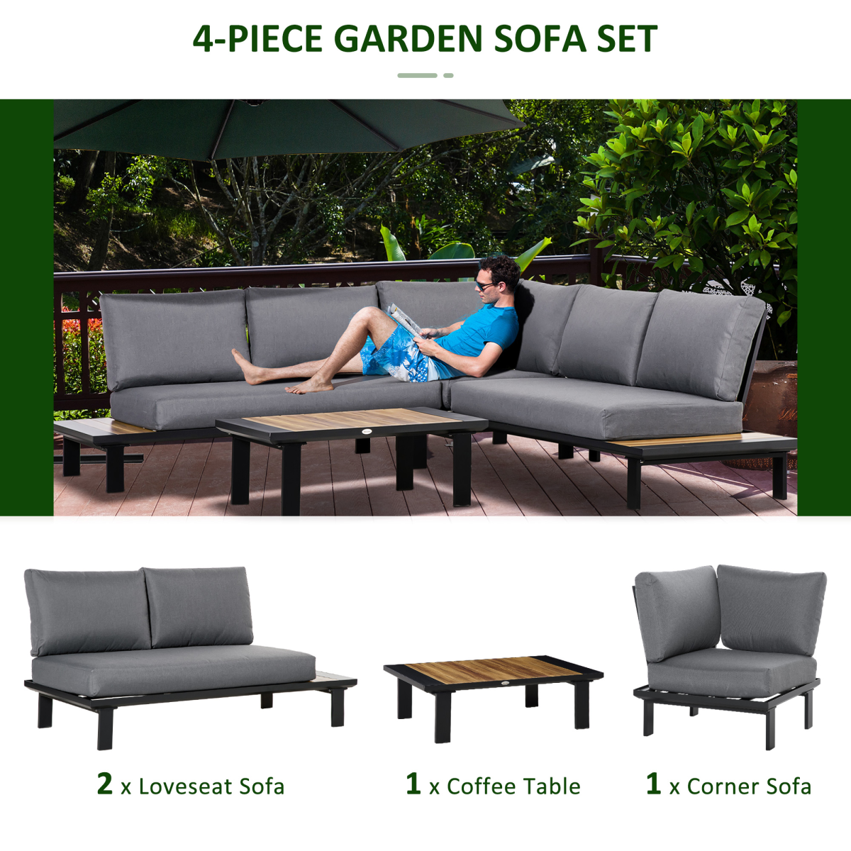 Outsunny 4-piece garden furniture conversation set with loveseat and table in grey, outdoor patio seating and table arrangement