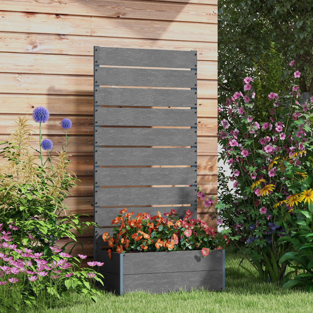 Outsunny grey raised garden bed with trellis and drainage hole, ideal for planting vegetables and flowers outdoors.