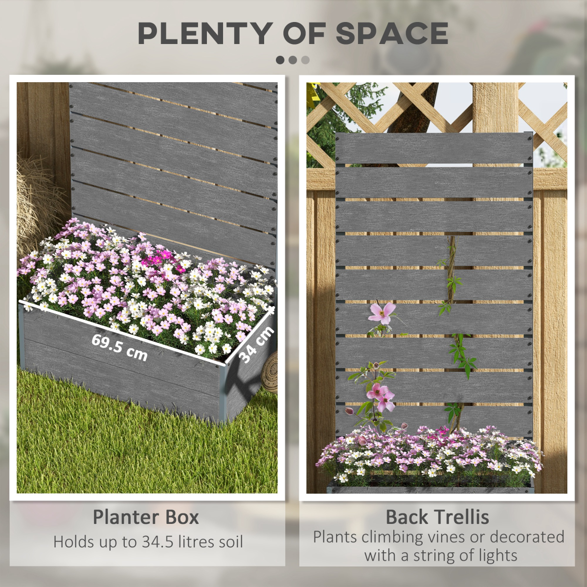 Gray raised garden bed planter box with trellis and drainage hole, ideal for gardening and growing plants outdoors.