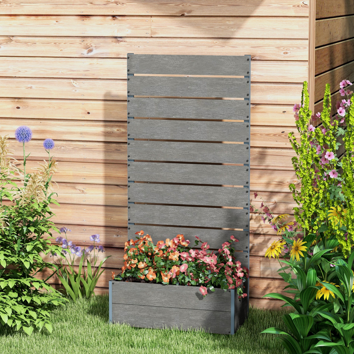 Outsunny grey raised garden bed with trellis and drainage hole, ideal for vegetable and flower planting in outdoor gardens