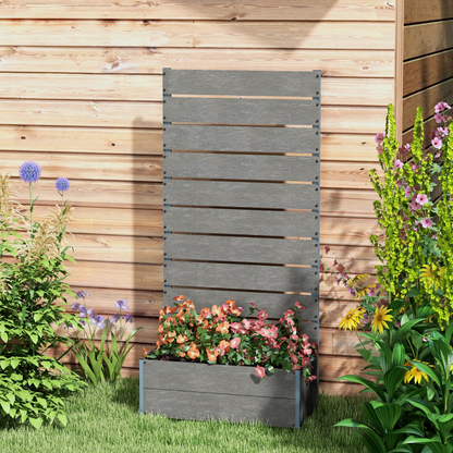 Outsunny grey raised garden bed with trellis and drainage hole, ideal for vegetable and flower planting in outdoor gardens