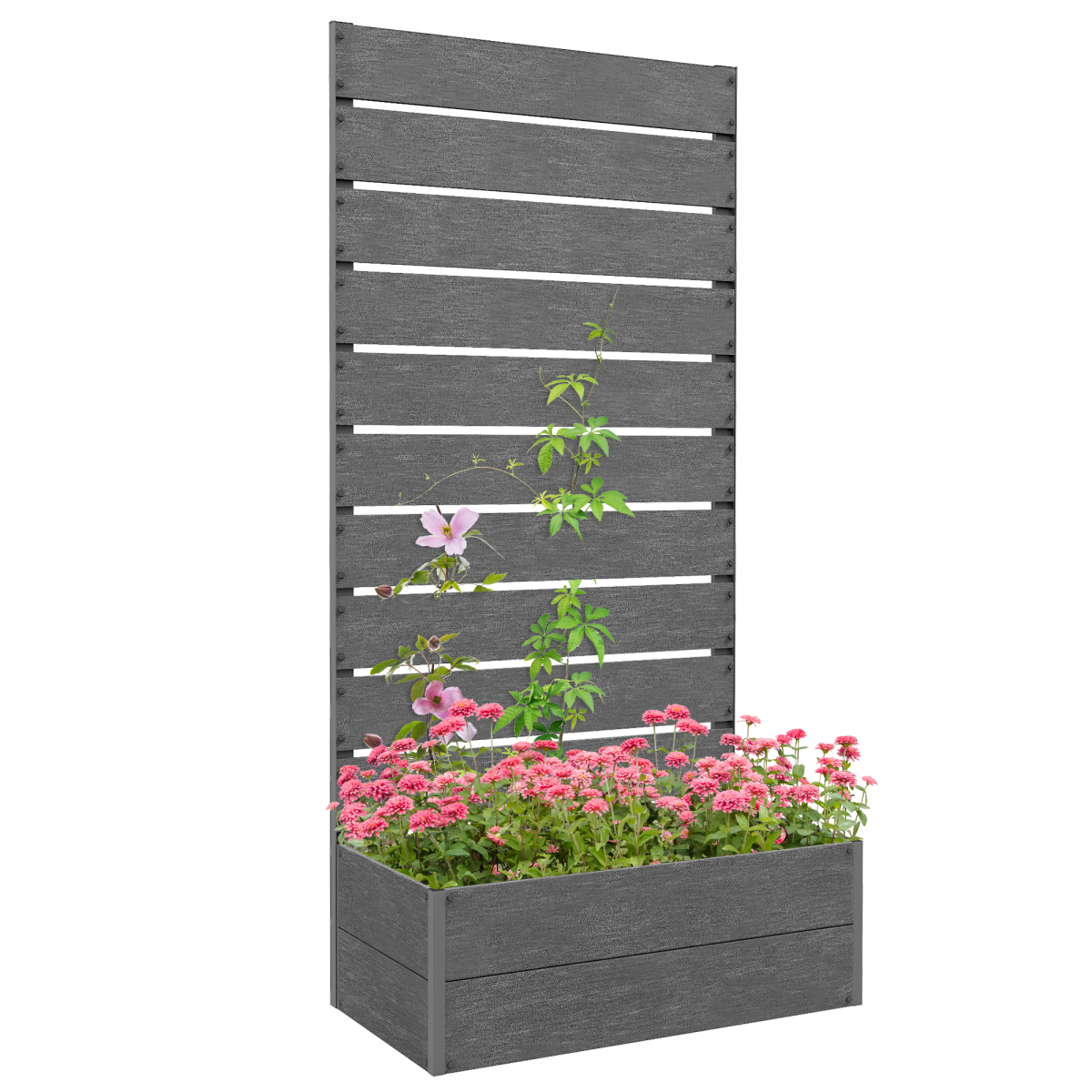 Outsunny grey raised garden bed with trellis and drainage hole, ideal for vegetable or flower planting in outdoor gardens.